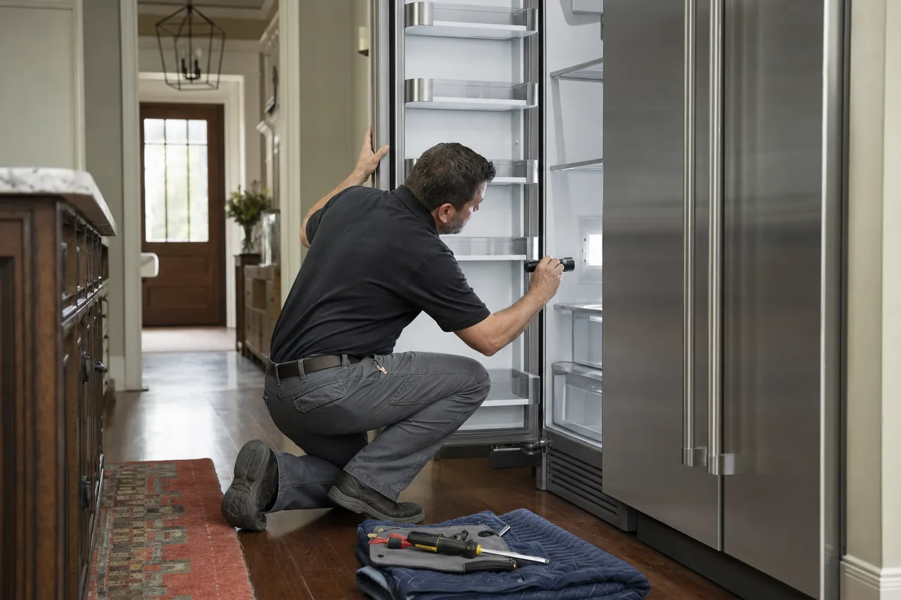Technician repairing a built-in refrigerator