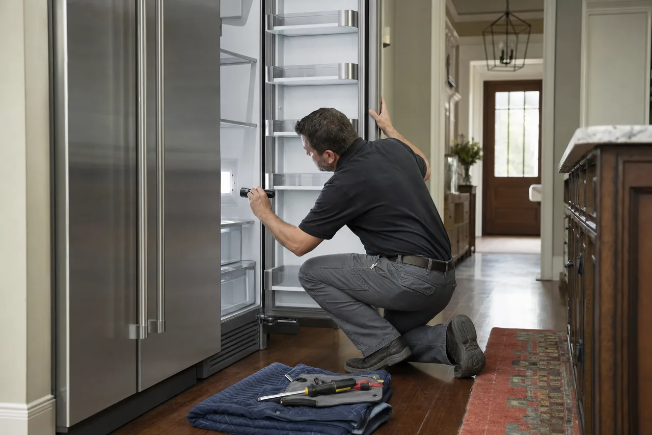 Technician repairing a built-in refrigerator up close