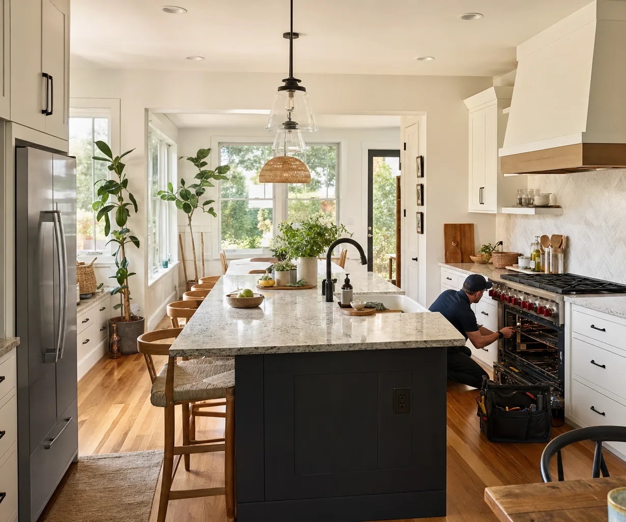 A luxury kitchen with built-in stainless appliances mid-repair