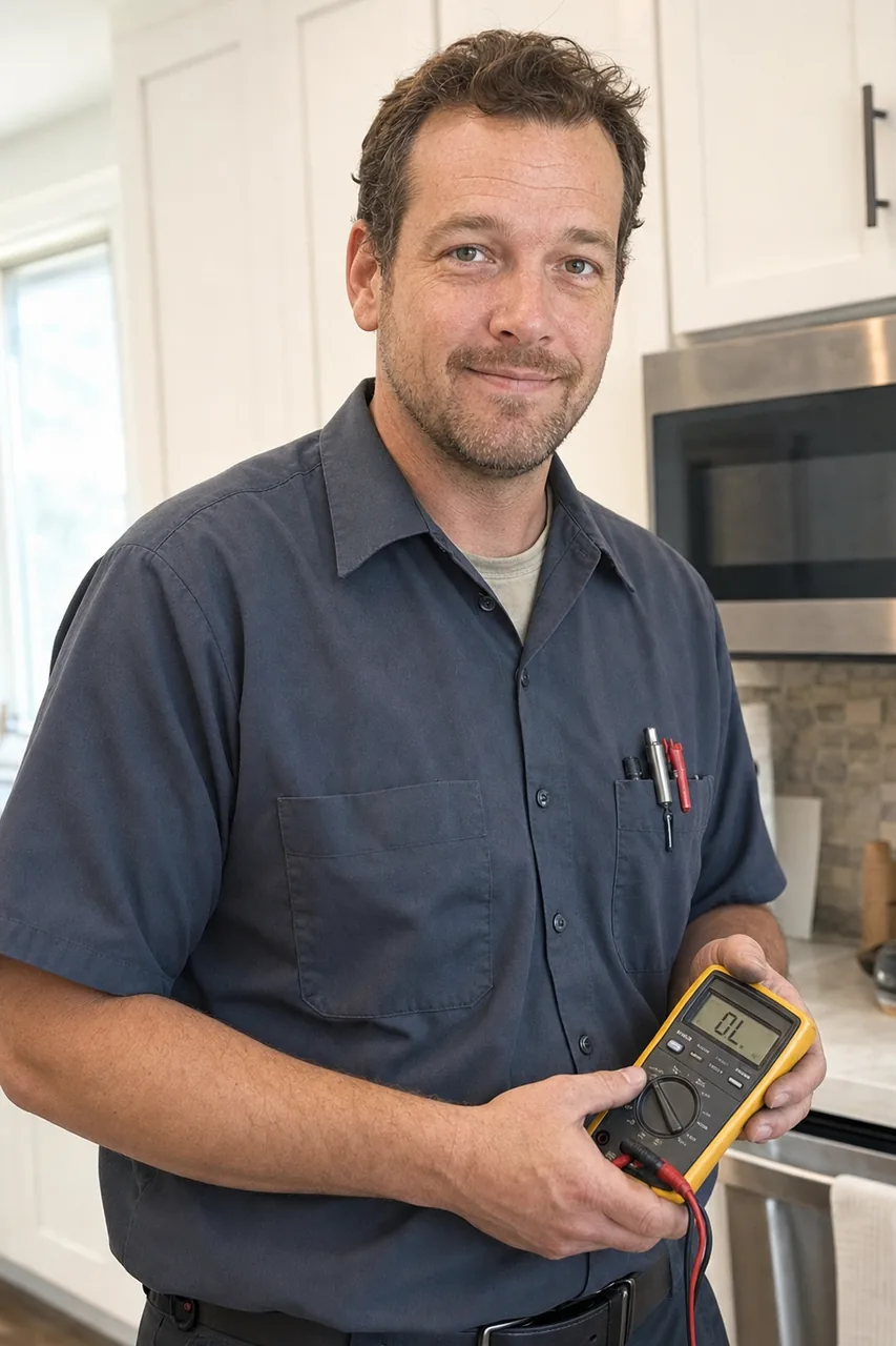 A Wolf appliance repair technician in a Tarrytown kitchen holding a multimeter