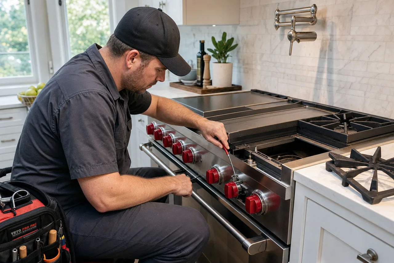 Technician servicing a stainless Wolf range